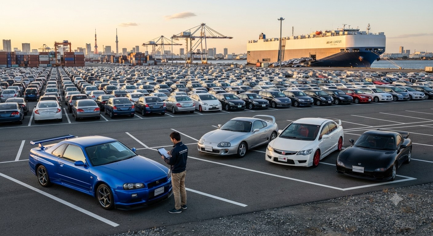 Japanese auction yard at dusk